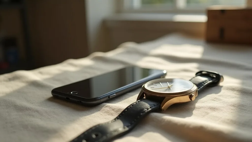 montre classique et téléphone moderne côte à côte sur du lin a Nantes