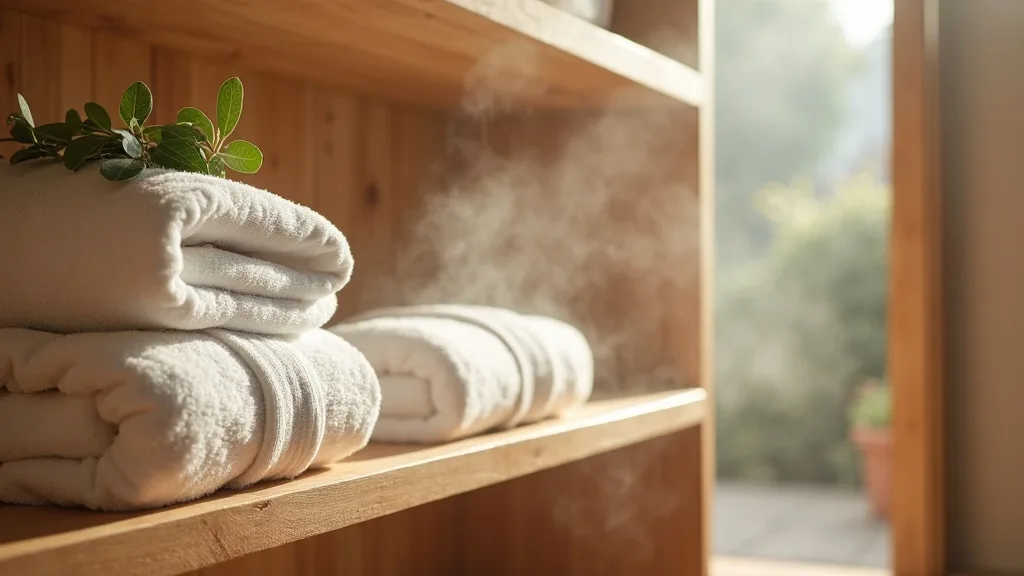 serviettes de spa empilées, eucalyptus et peignoirs sur cèdre a Nantes