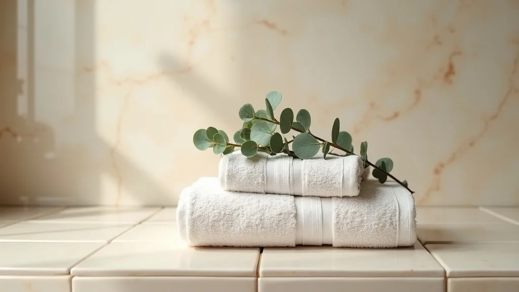 pile de serviettes de spa garnie d'eucalyptus sur un rebord carrelé clair a Nantes