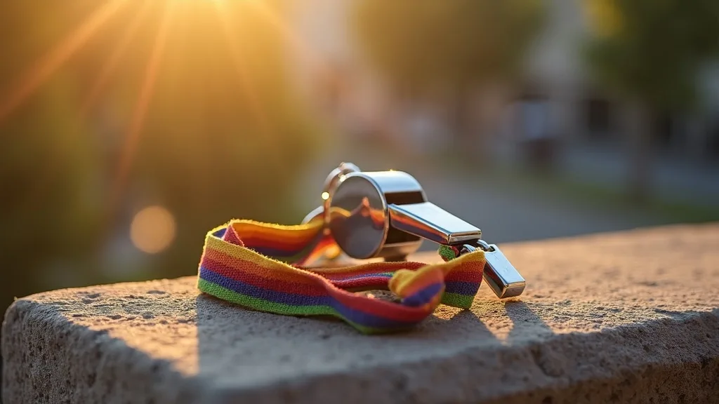 sifflet chrome sur cordon arc-en-ciel pose sur un parapet de pierre au soleil a Nantes