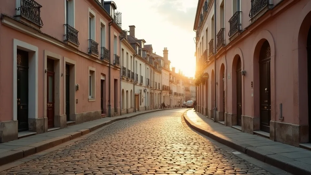 rue paveee bordee de facades pastel, lumiere doree du soir a Nantes