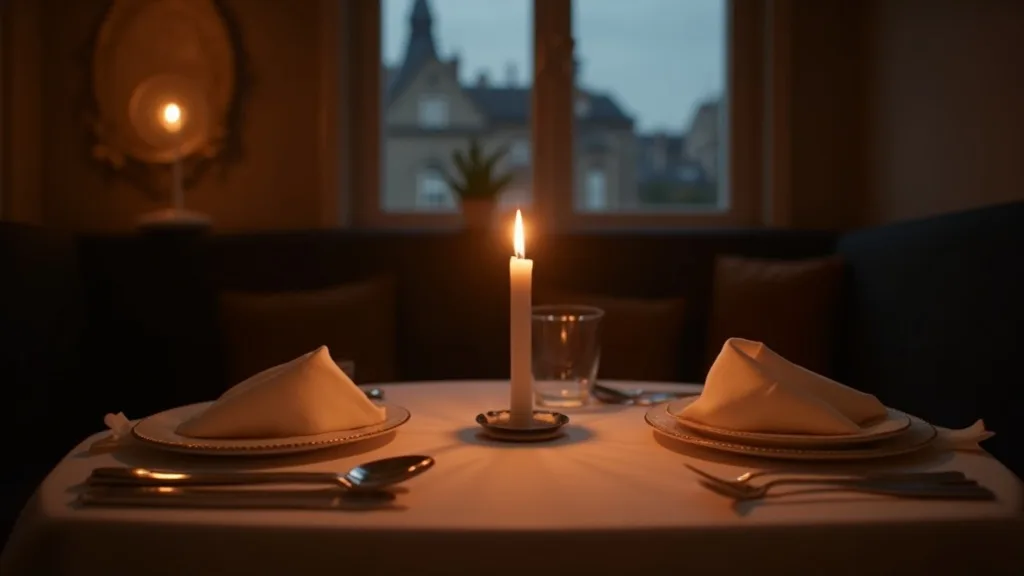 table de dîner aux chandelles dressée pour deux, lumière chaude du soir a Nantes