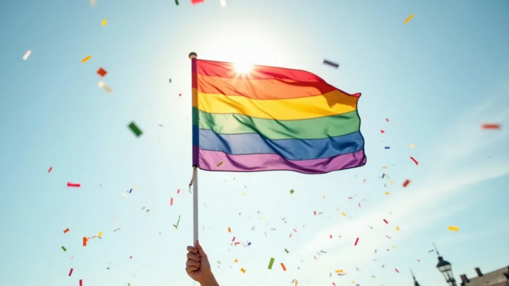 drapeau arc-en-ciel hissé dans le ciel avec des confettis qui flottent a Nantes