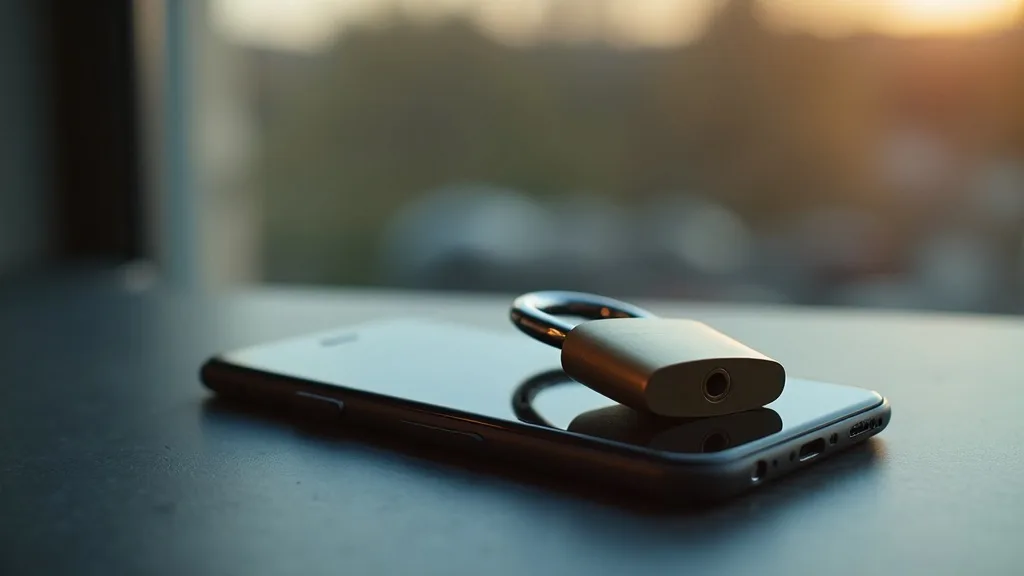 cadenas en acier brossé fermé sur un smartphone face cachée sur ardoise a Nantes
