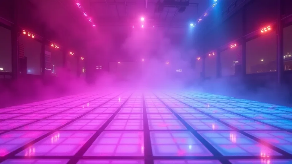 piste de danse au néon, carrés réfléchissants magenta et cyan a Nantes